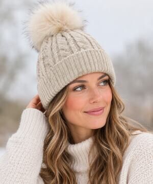Ivory Cream Cable Knit Beanie Hat Faux Fur Pom Pom